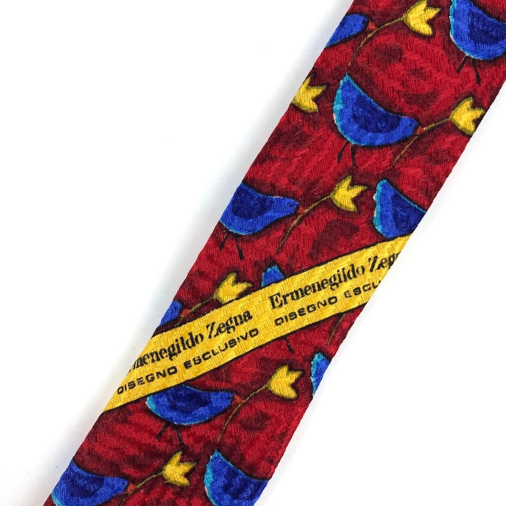 Ermenegildo Zegna 100% Silk Tie Red Birds Bird Heart Leaves Animals Necktie 57" - Picture 3 of 12